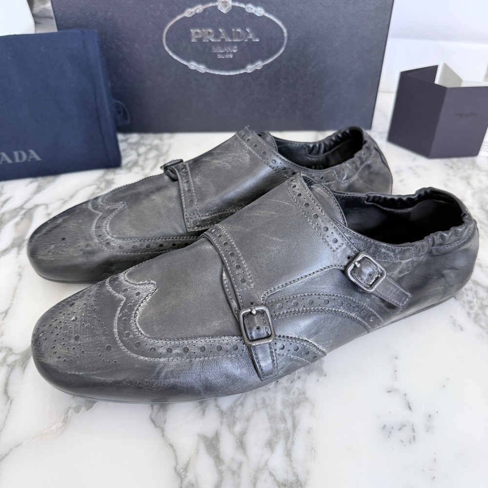 Prada 2EG469 Mens Leather Double Monk Strap Wingtip Shoes Grey Black‎ UK 10.5